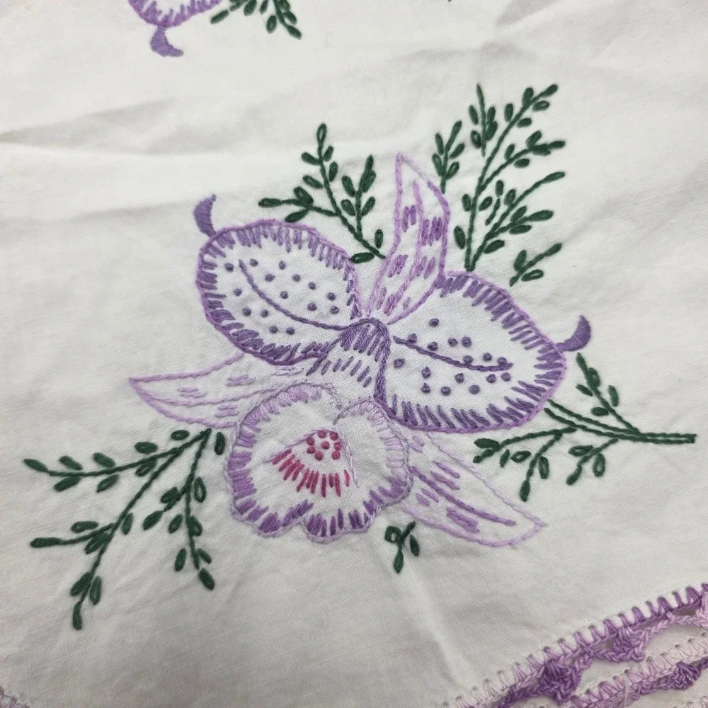 Vintage Hand Embroidered Dresser Scarf Purple Orchid Crochet Edge Table Runner